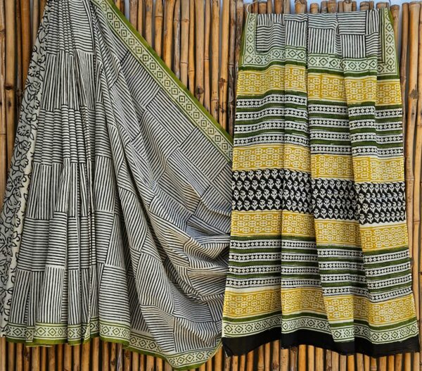 handblock print mul cotton sarees (black with pink)