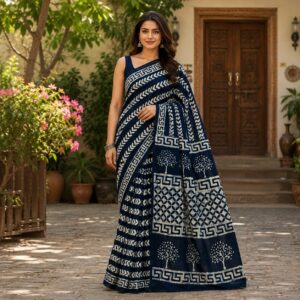 NEW ARRIVALS handblock print mul cotton sarees (black with orange)