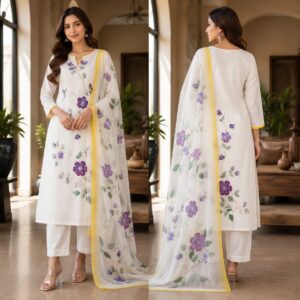 handblock print with chiffon dupatta (white with pink lines) (copy)