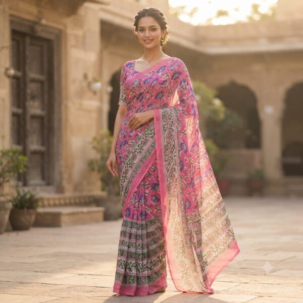 handblock print chiffon sarees(red floral white) handblock print chiffon sarees(red floral white)