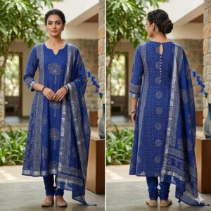 NEW ARRIVALS handblock print linen suit with zari border (black beige) (copy)