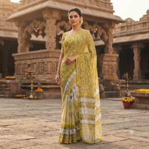 NEW ARRIVALS handblock print chiffon sarees(red with yellow border)
