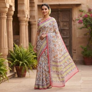NEW ARRIVALS handblock print chiffon sarees(white with black border)