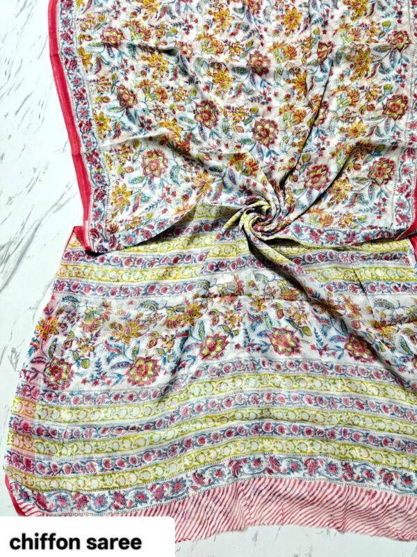handblock print chiffon sarees(white with black border)