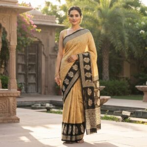 NEW ARRIVALS handblock print silk sarees (yellow)