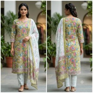 handblock print with chiffon dupatta (green floral printed)