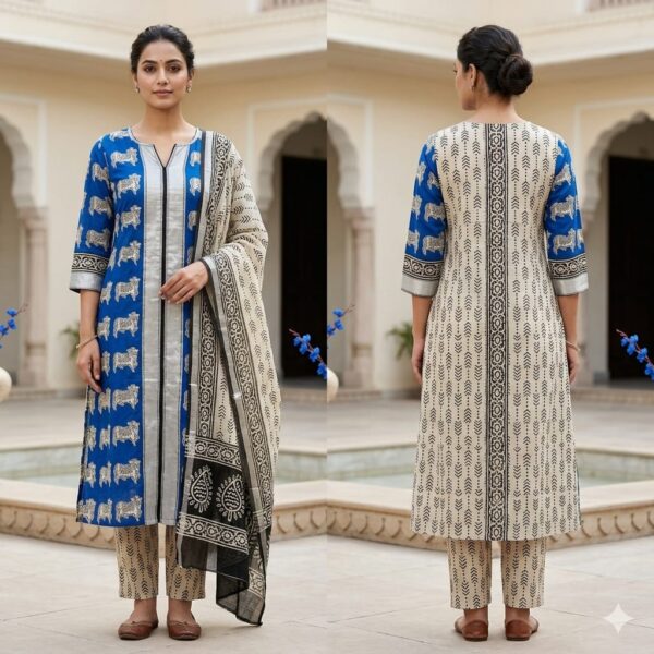 handblock print linen suit with zari border (black beige) (copy) handblock print linen suit with zari border (black beige) (copy)