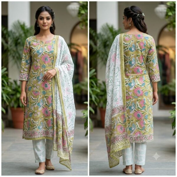 handblock print with chiffon dupatta (green floral printed)