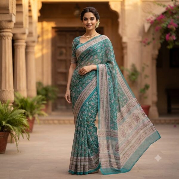 handblock print chiffon sarees(orange floral printed pattern)