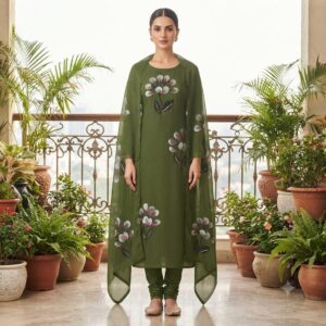 NEW ARRIVALS handblock print with chiffon dupatta (olive green)