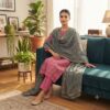 handblock print chanderi silk (purple with white dot)