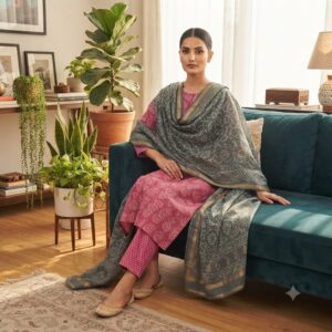 handblock print chanderi silk (purple with white dot)
