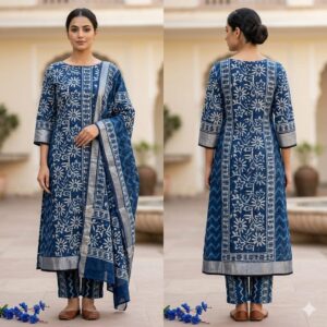 NEW ARRIVALS handblock print linen suit with zari border (black beige) (copy)