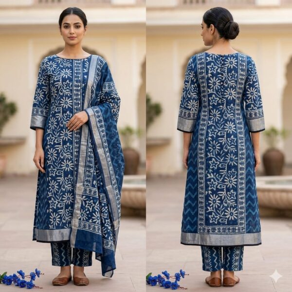 handblock print linen suit with zari border (black beige) (copy)