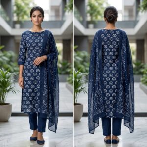 handblock print with chiffon dupatta (navy blue)