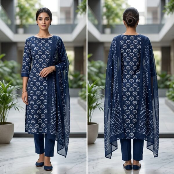 handblock print with chiffon dupatta (navy blue)