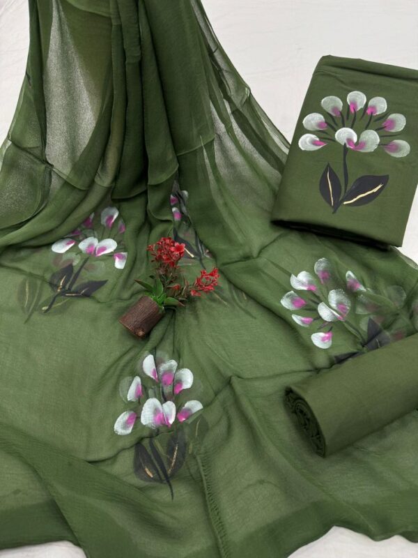 handblock print with chiffon dupatta (olive green)