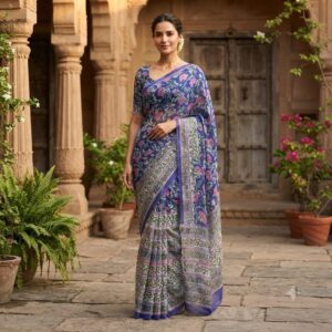 NEW ARRIVALS handblock print chiffon sarees(purple with white)