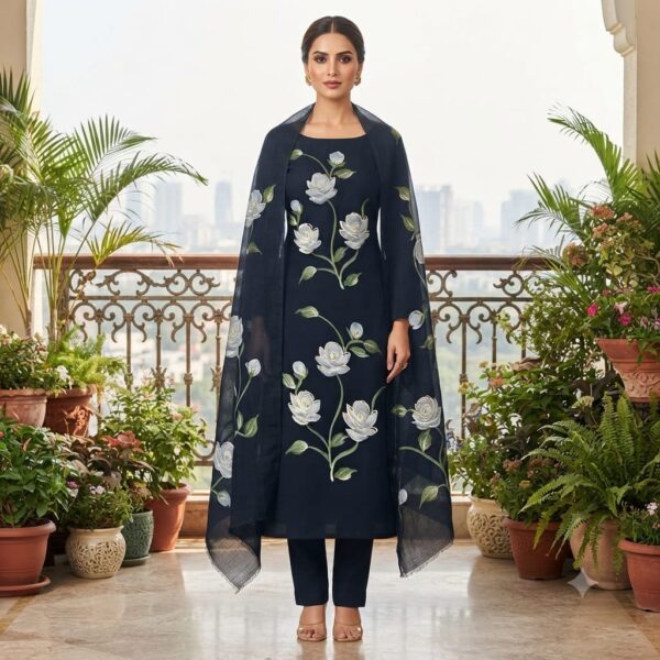 handblock print with chiffon dupatta (white floral with yellow)