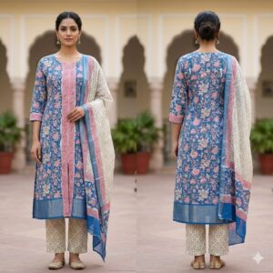 NEW ARRIVALS handblock print linen suit with zari border (black beige) (copy)