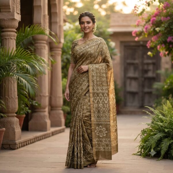 handblock print silk sarees (white with green)
