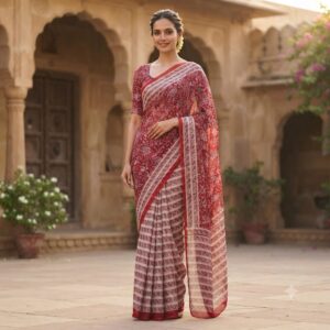 NEW ARRIVALS handblock print chiffon sarees(pink floral printed)