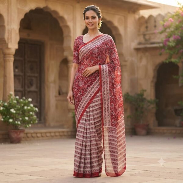 handblock print chiffon sarees(pink floral printed)