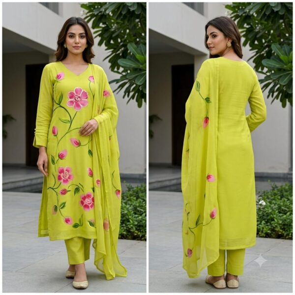 handblock print with chiffon dupatta (lim green)