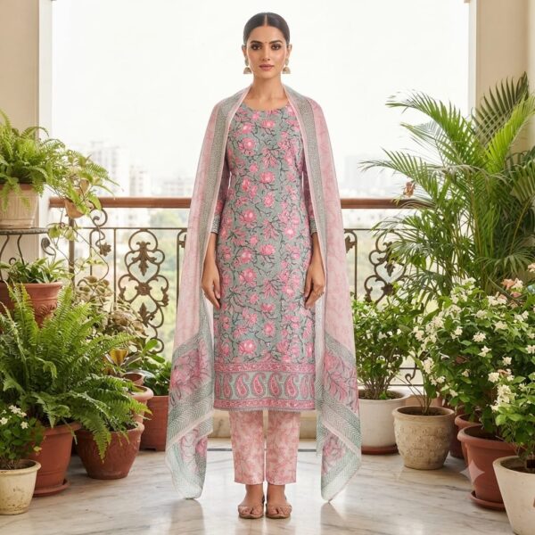 handblock print with chiffon dupatta (purple printed lines)