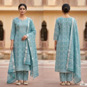 handblock print linen suit with zari border (black beige) (copy)