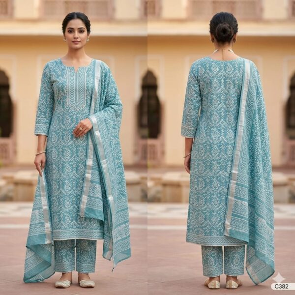 handblock print linen suit with zari border (black beige) (copy)