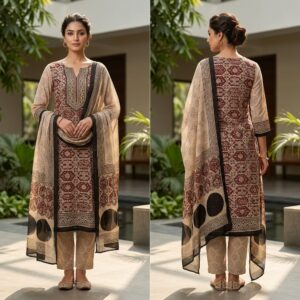 handblock print with chiffon dupatta (beige)