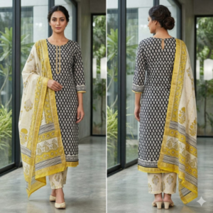 handblock print chanderi silk (black with yellow)