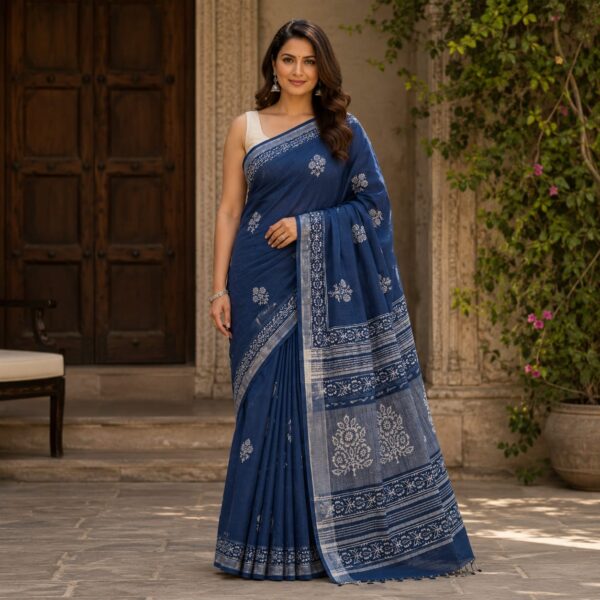 handblock linen saree handblock linen saree