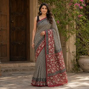 handblock linen saree