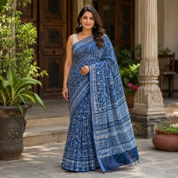 handblock linen saree
