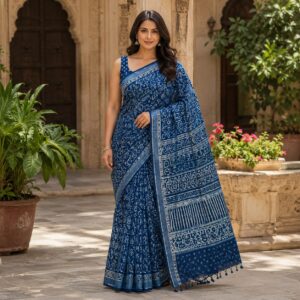 handblock linen saree