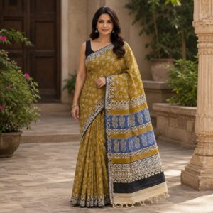 handblock linen saree