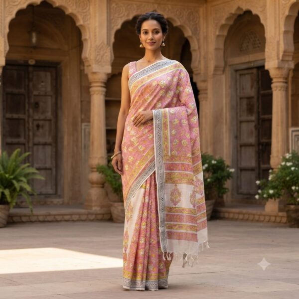 handblock linen saree