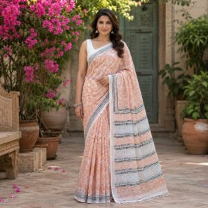handblock linen saree