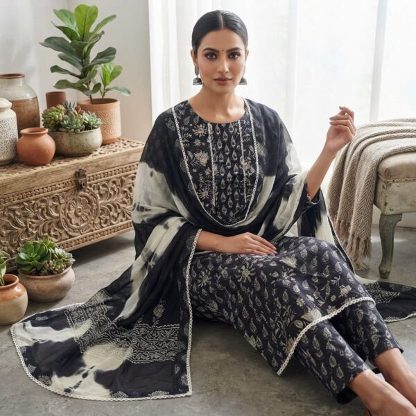 handblock print with chiffon dupatta